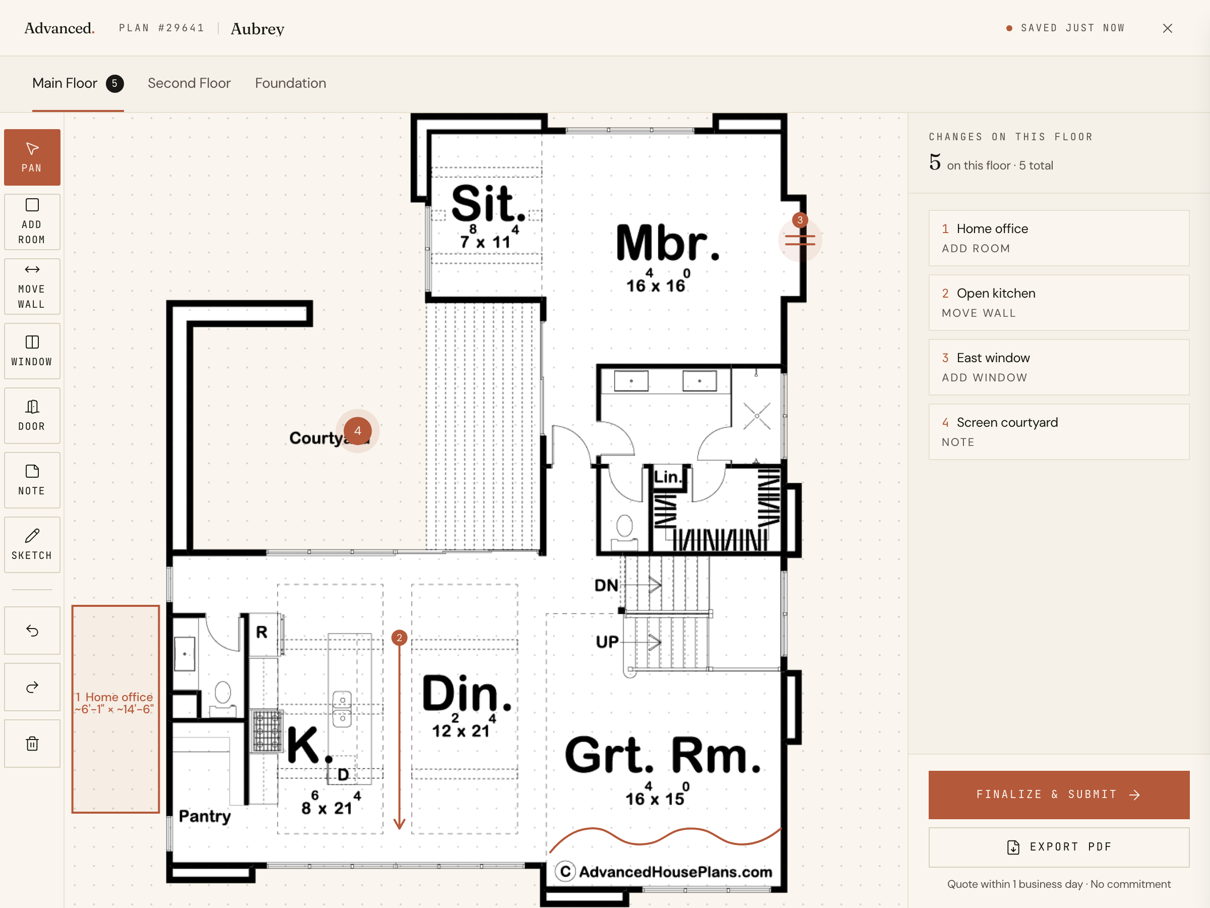 The alterations studio with a room added, a wall moved, and a window pinned on a floor plan